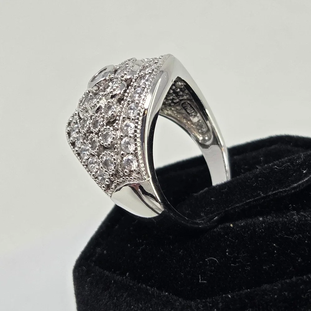 Vintage Sterling Silver Rhodium CZ Flower Dome Cocktail Statement Ring Size‎ 8